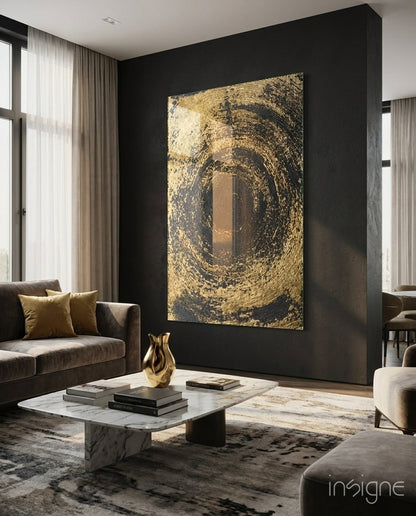 Black Gold Swirl Vortex Glass Wall Art