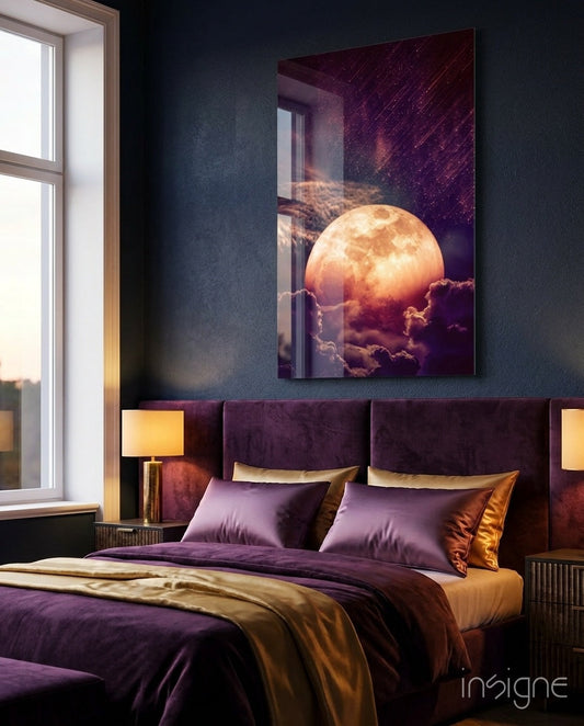 Copper Full Moon Above Clouds Glass Wall Art displayed above purple velvet bed headboard in bedroom interior with warm lighting.