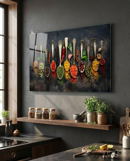 Silver Spoons Row Of Colorful Spices Glass Wall Art