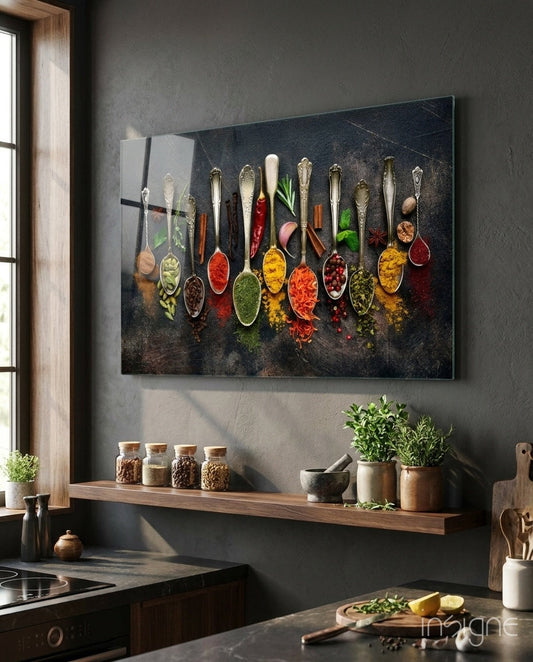 Colorful spices in silver spoons displayed on dark glass wall art hanging above wooden kitchen shelf with fresh herbs and storage containers.