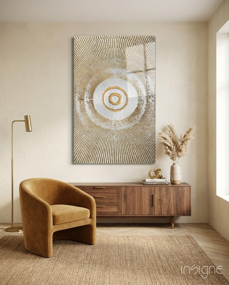 Golden Sunburst Rings Glass Wall Art