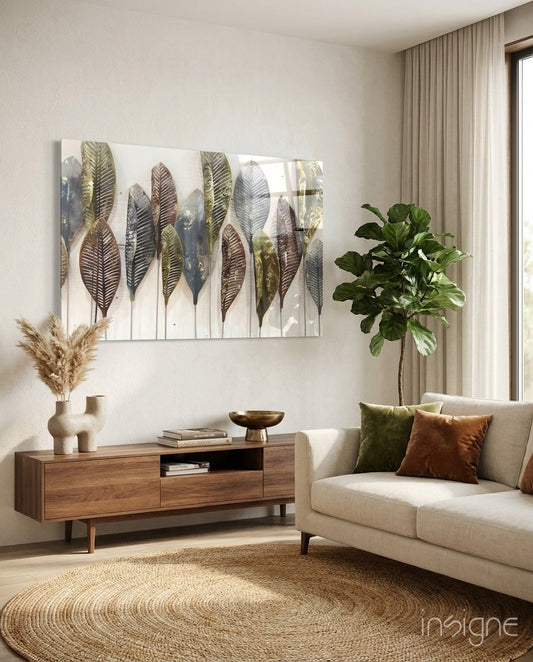 Modern living room featuring feathers glass wall art above wooden console table, with cream sofa and potted plant.