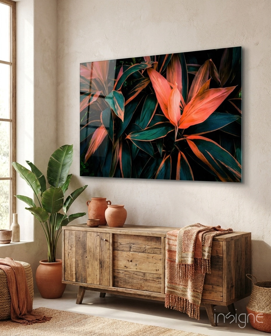 Coral Tropical Leaves Glass Wall Art