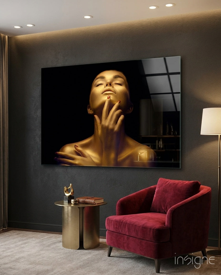 Golden Skin Neck Pose Woman Glass Wall Art