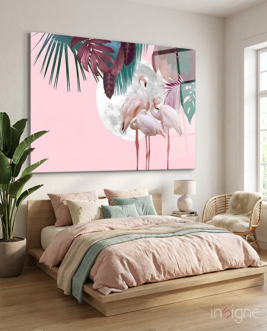 Flamingo Flock Moon Tropical Glass Wall Art