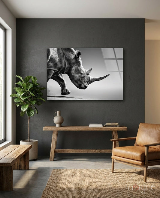 Black and white glass wall art of a rhino's head in profile, mounted above a wooden console table in a modern living room with tan leather chair.