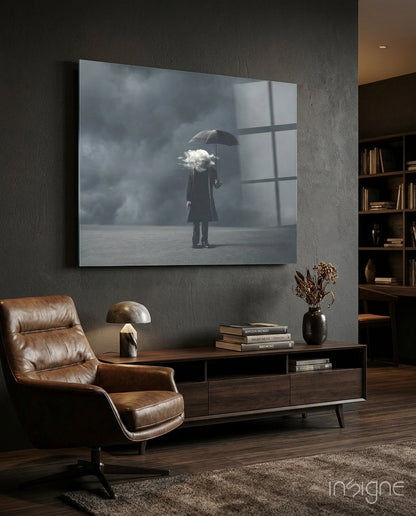 Cloud Head Man With Umbrella Fog Glass Wall Art