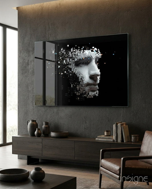 Pixelated face profile wall art displayed above dark wood media console in modern living room with concrete walls and leather chair.
