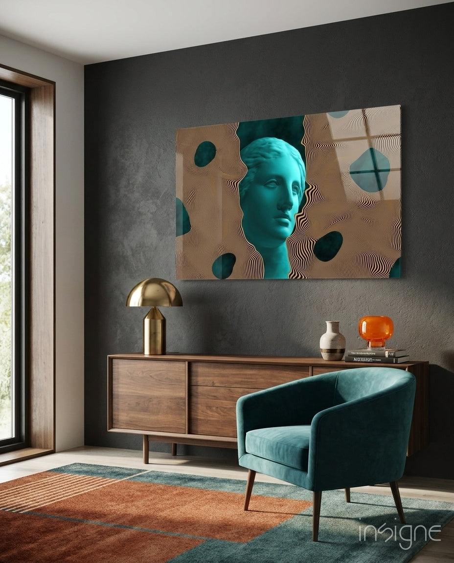 Teal Face Tan Waves Glass Wall Art