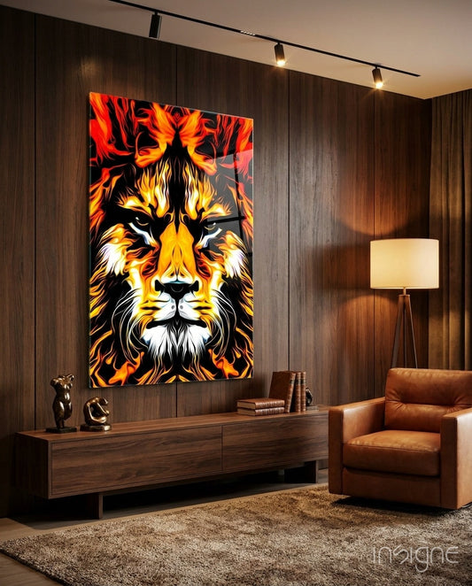 Blazing Fire Lion Portrait glass art displayed on dark wood wall above console table in modern living room with leather chair.