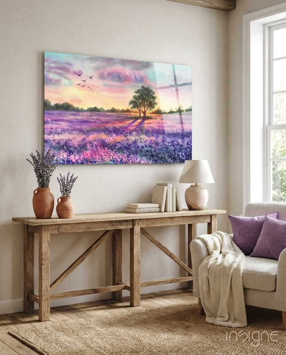 Lavender Field Lone Tree Sunset Glass Wall Art