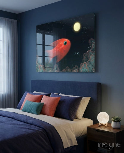 Red Fish Under Moonlit Coral Reef Glass Wall Art