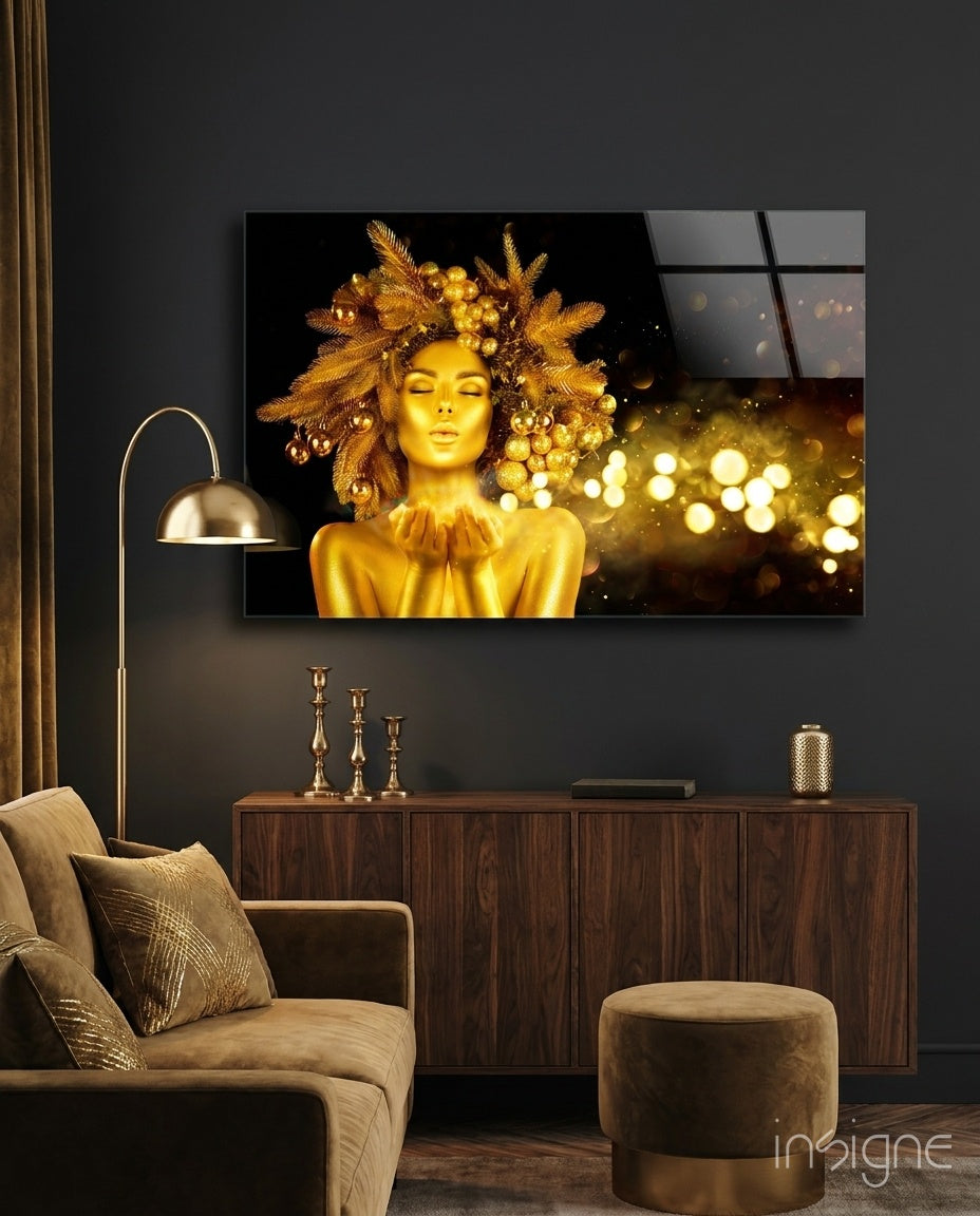 Gold Ornament Crown Woman Glass Wall Art