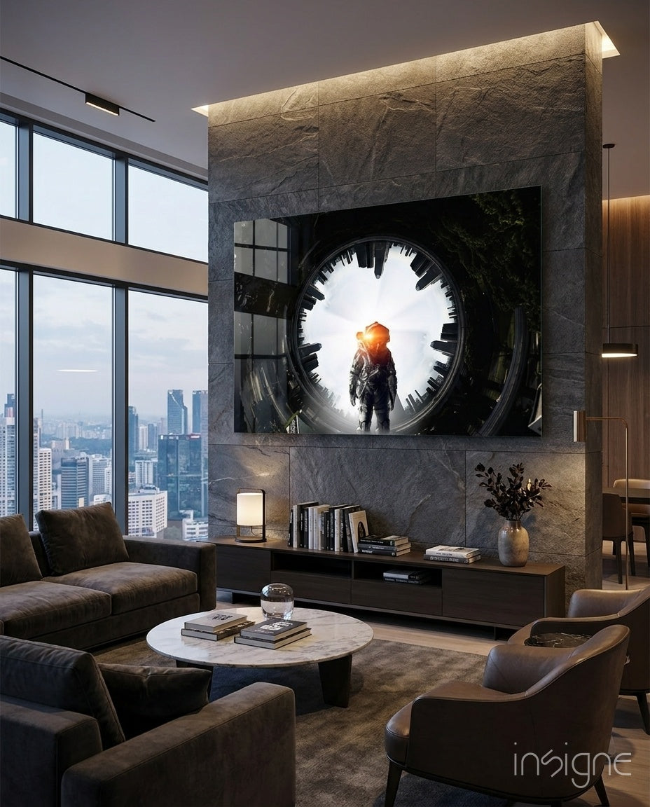 Glowing Portal Tunnel Astronaut Glass Wall Art