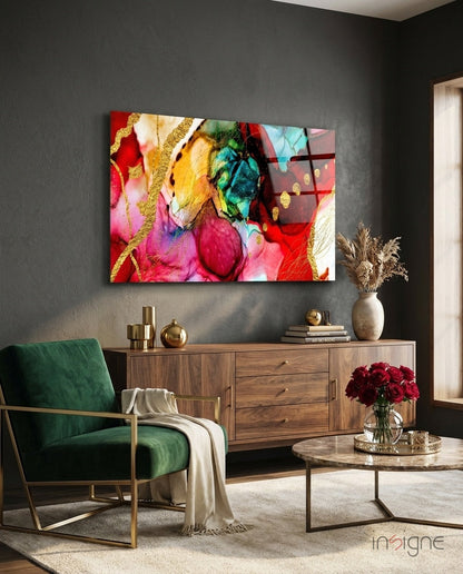 Gold Vein Crimson Ink Glass Wall Art