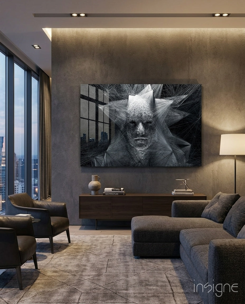Gray Wire Mesh Crowned Face Glass Wall Art
