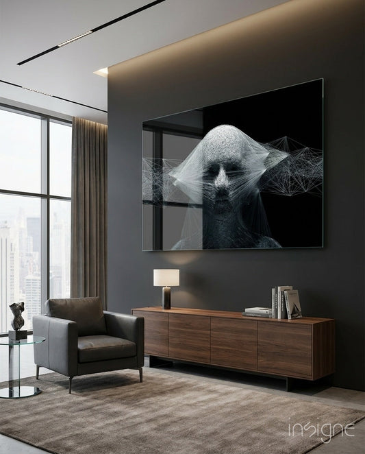 Modern living room with white wireframe geometric face artwork displayed on dark wall above wooden console table.