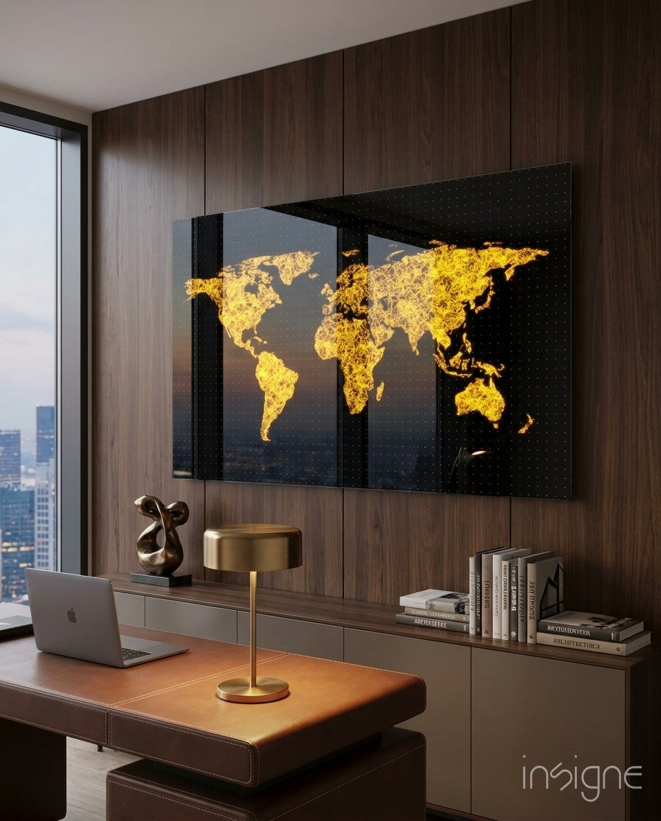 Glowing Golden World Map Glass Wall Art