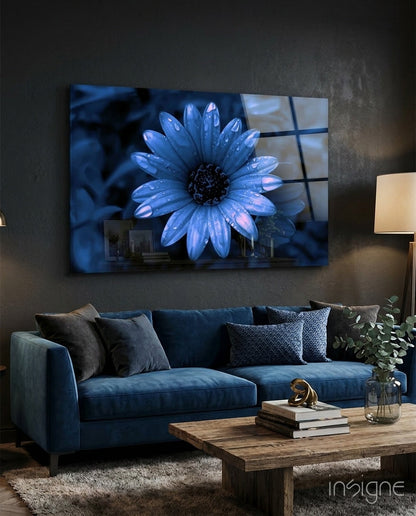 Blue Dewy Daisy Bloom Glass Wall Art