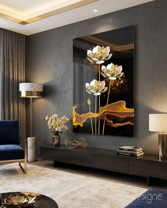 Golden lotus wall art with white petals and gold accents displayed above black console in modern living room setting.