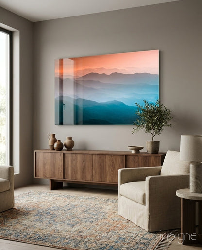 Orange Blue Misty Mountain Layers Glass Wall Art