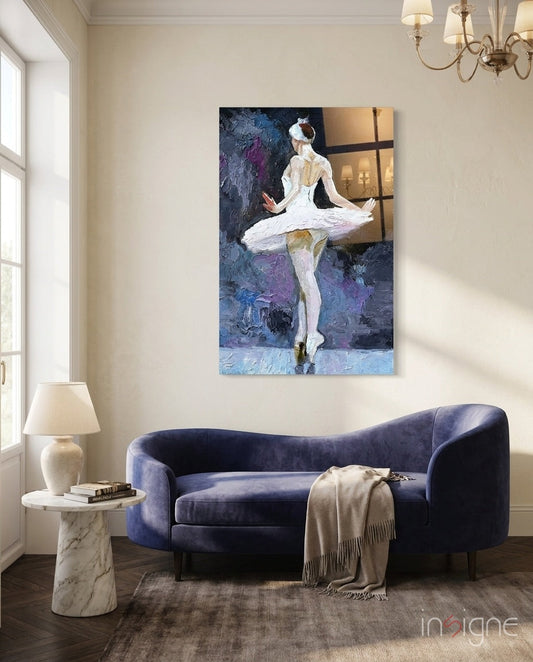 Palette Knife White Tutu Ballerina glass wall art displayed above a blue velvet sofa in an elegant living room interior.
