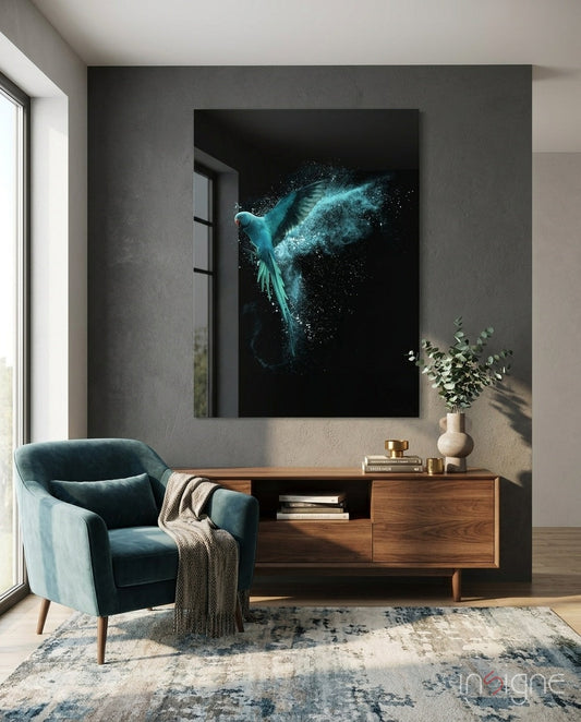 Turquoise parrot in flight with powder effect displayed as large wall art above wooden console in modern gray living room with teal chair.