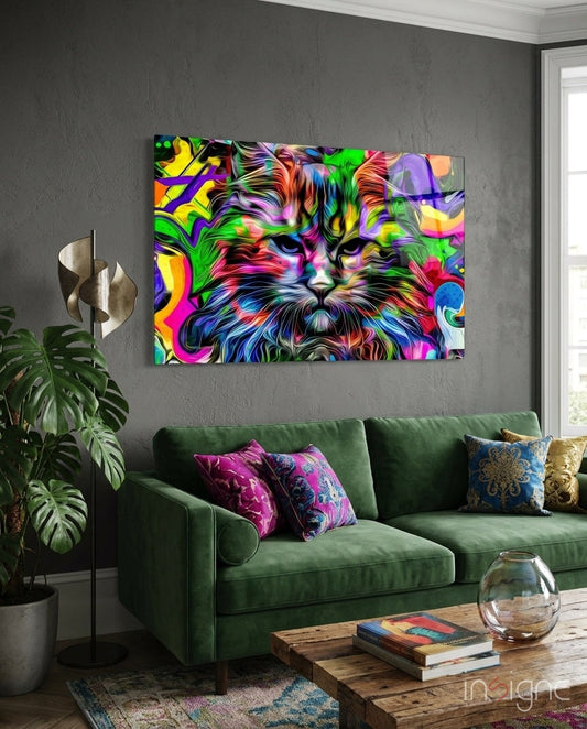 Vibrant psychedelic pop art cat glass wall art hanging above green sofa in modern living room interior.