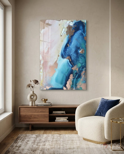 Blue Copper Ink Marble Flow Glass Wall Art