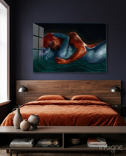 Water and Fire glass wall art displayed above a wooden bed with rust-colored bedding in a modern dark bedroom.