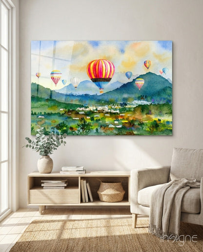 Watercolor Balloons Over Green Valley Glass Wall Art