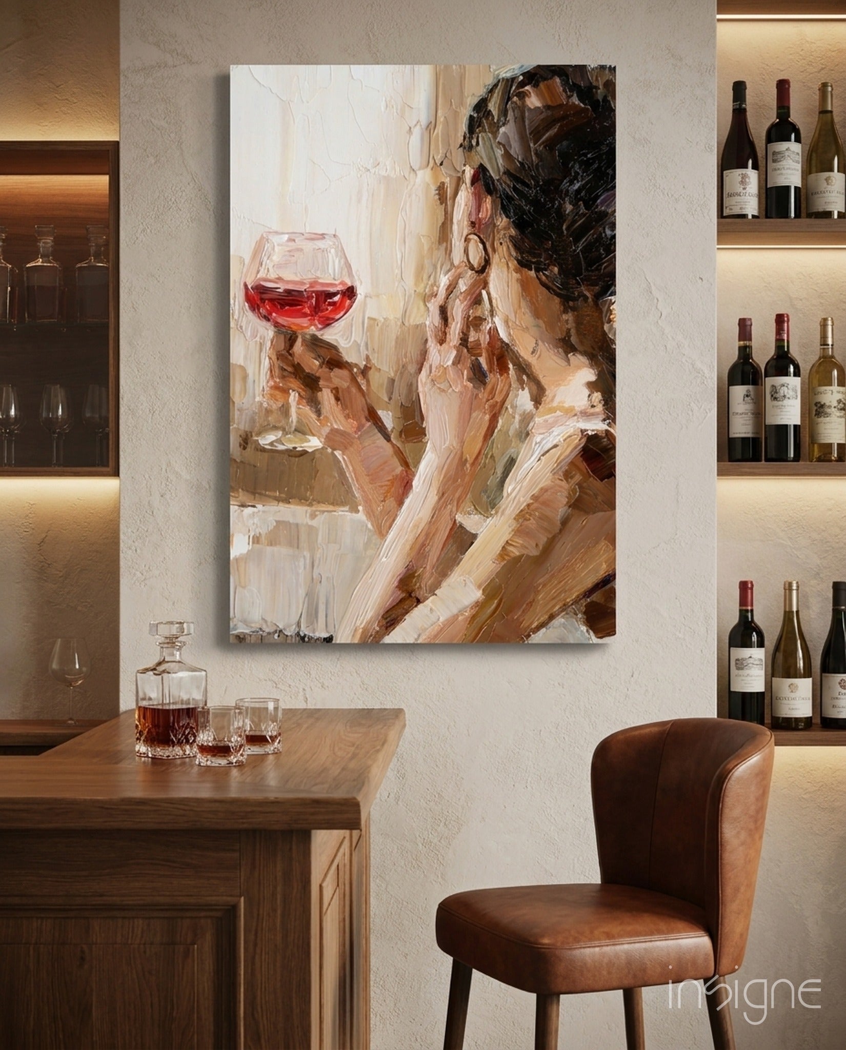 Abstract portrait painting of woman holding red wine glass, displayed above wooden bar with leather chair and wine bottles.