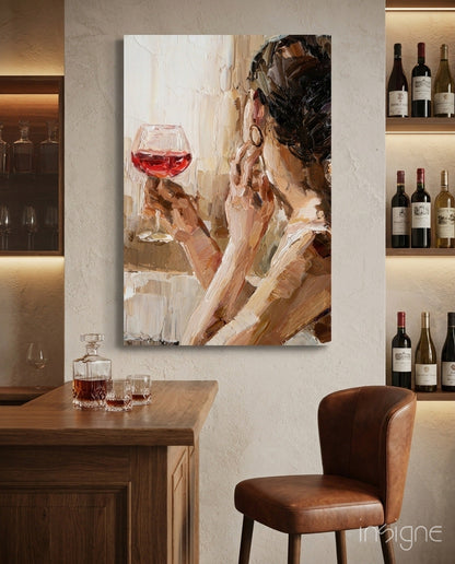 Abstract portrait painting of woman holding red wine glass, displayed above wooden bar with leather chair and wine bottles.