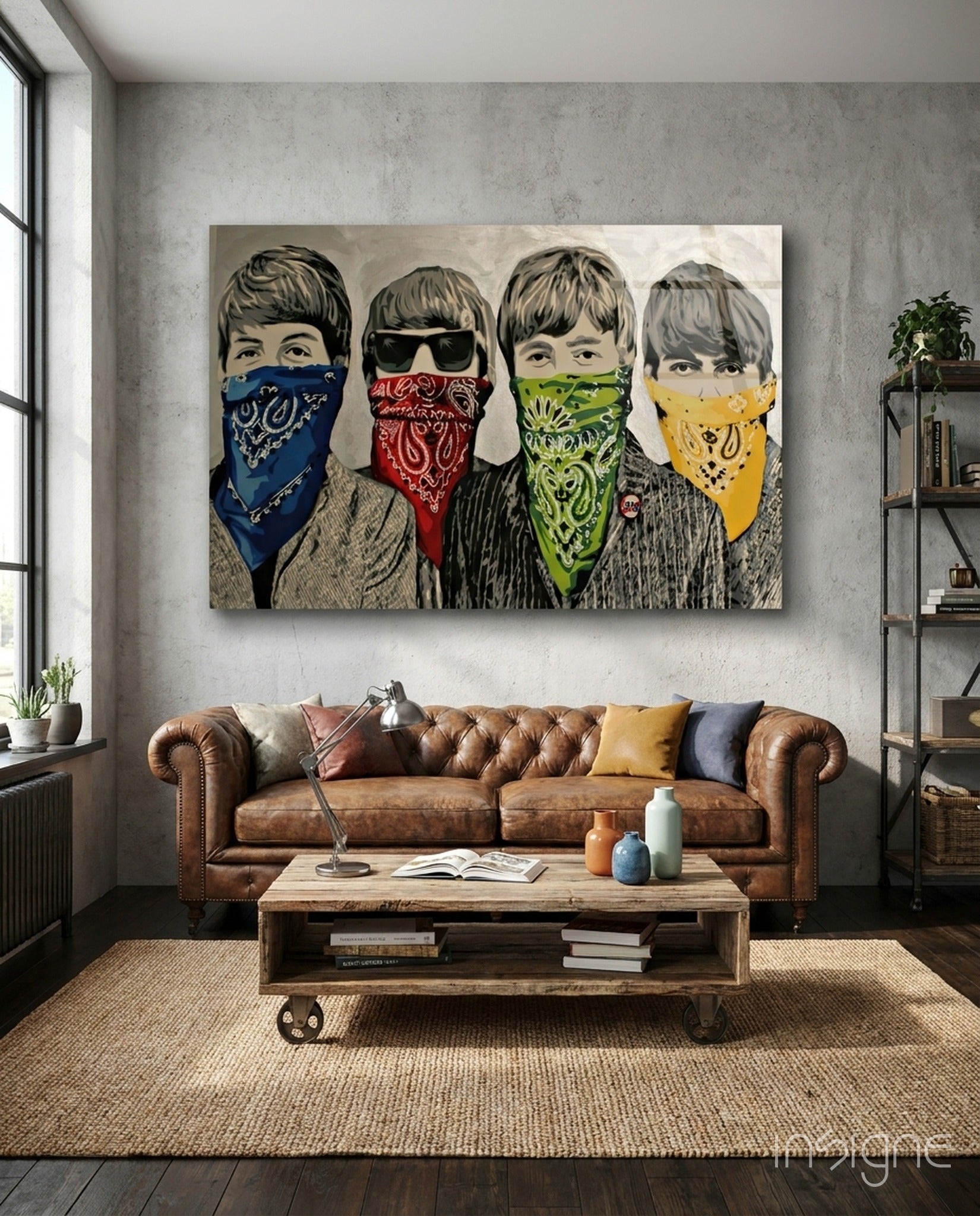 Four young men with 1960s hairstyles wearing colored bandanas in blue, red, green, and yellow displayed as glass art above a leather sofa.
