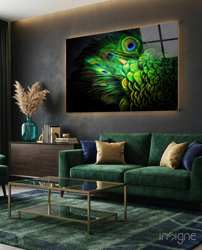 Emerald Peacock Plumage Closeup Glass Wall Art