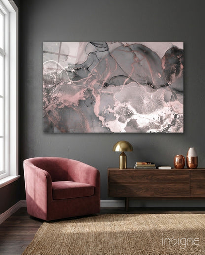 Sweet Pink Glass Art displayed above a wooden dresser in a modern grey room with pink velvet chair.