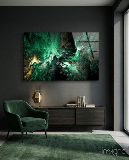 Green Gold Ink Cloud Abstract Glass Wall Art