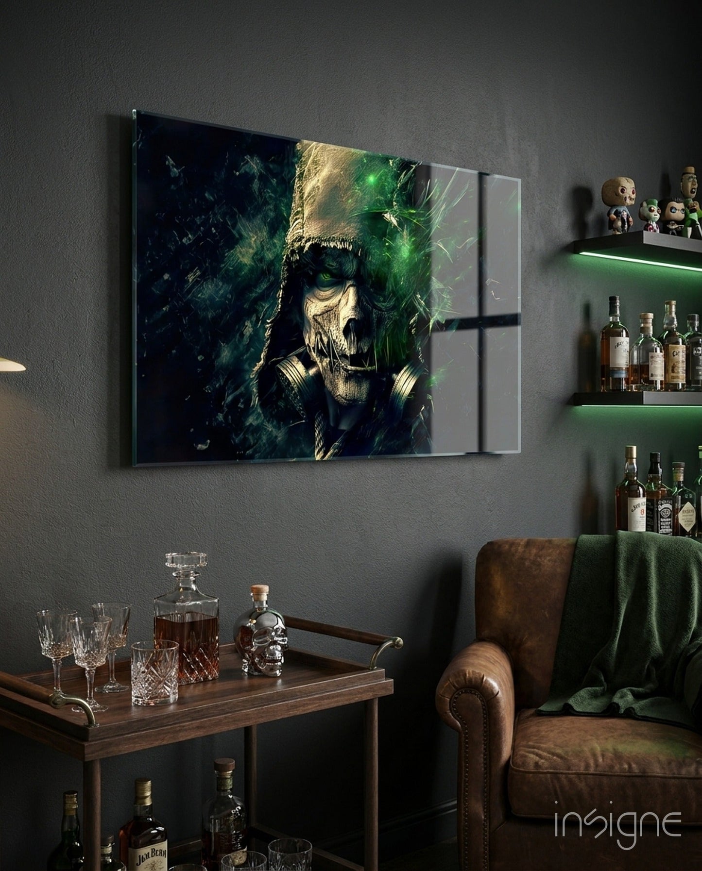 Balustrade glass art depicting a skull with green and gold tones displayed above a wooden bar cart in a dark interior setting.