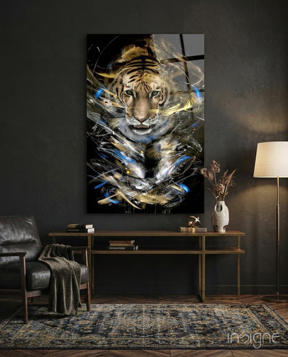 Tiger glass art with blue and gold abstract streaks displayed above wooden console in modern dark interior setting.