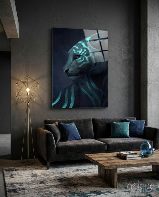 Neon Tiger Glass Art displayed on dark wall above charcoal sofa in modern living room with geometric floor lamp and wooden table.