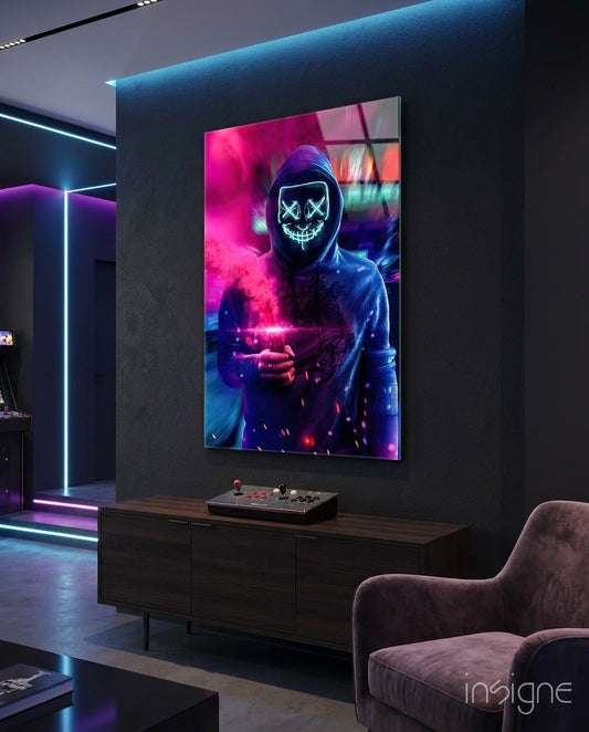 Neon Protest Glass Art displayed on dark wall above wooden console in modern gaming room with cyan and magenta neon accents.