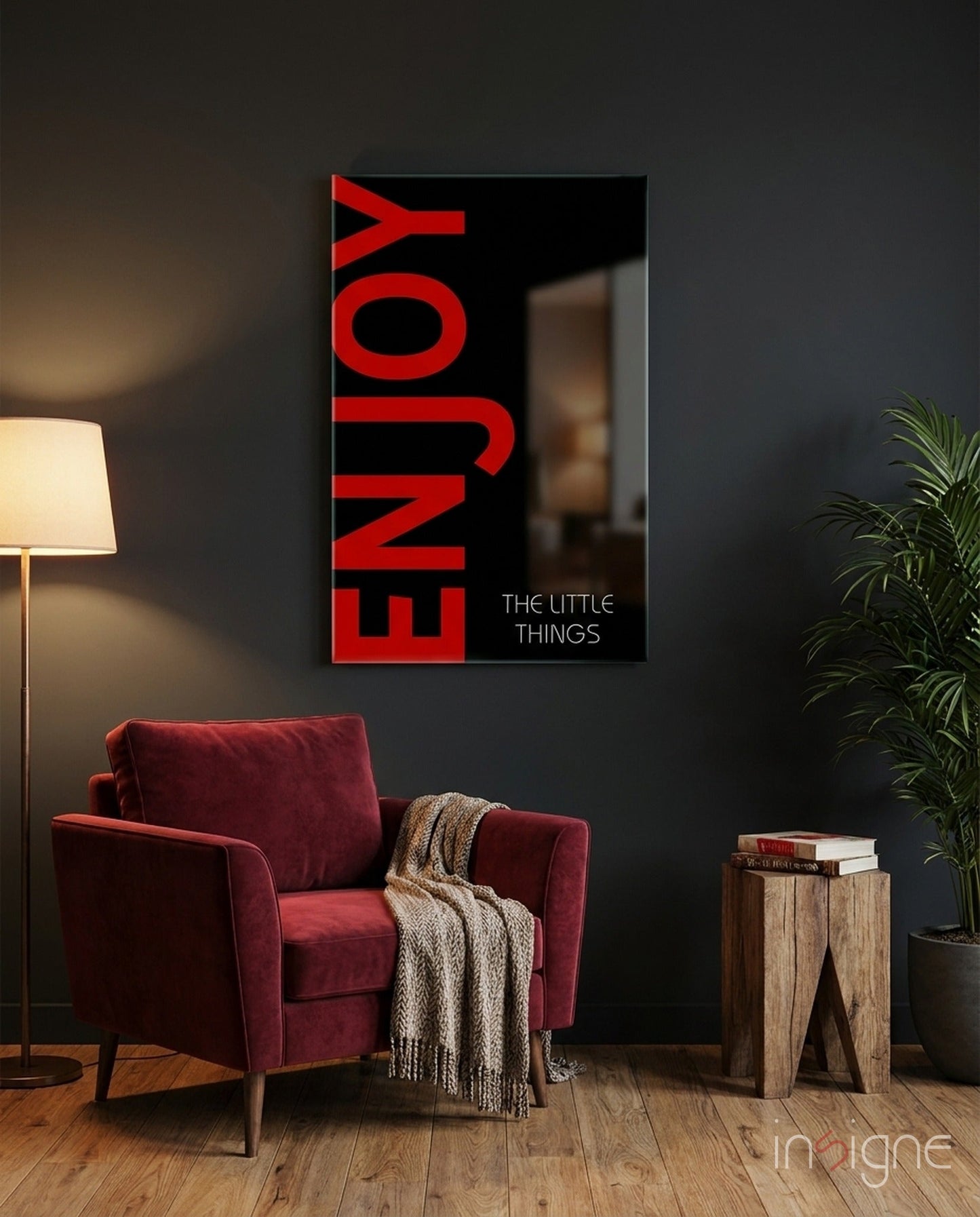 Red Enjoy Typography On Black Glass Wall Art