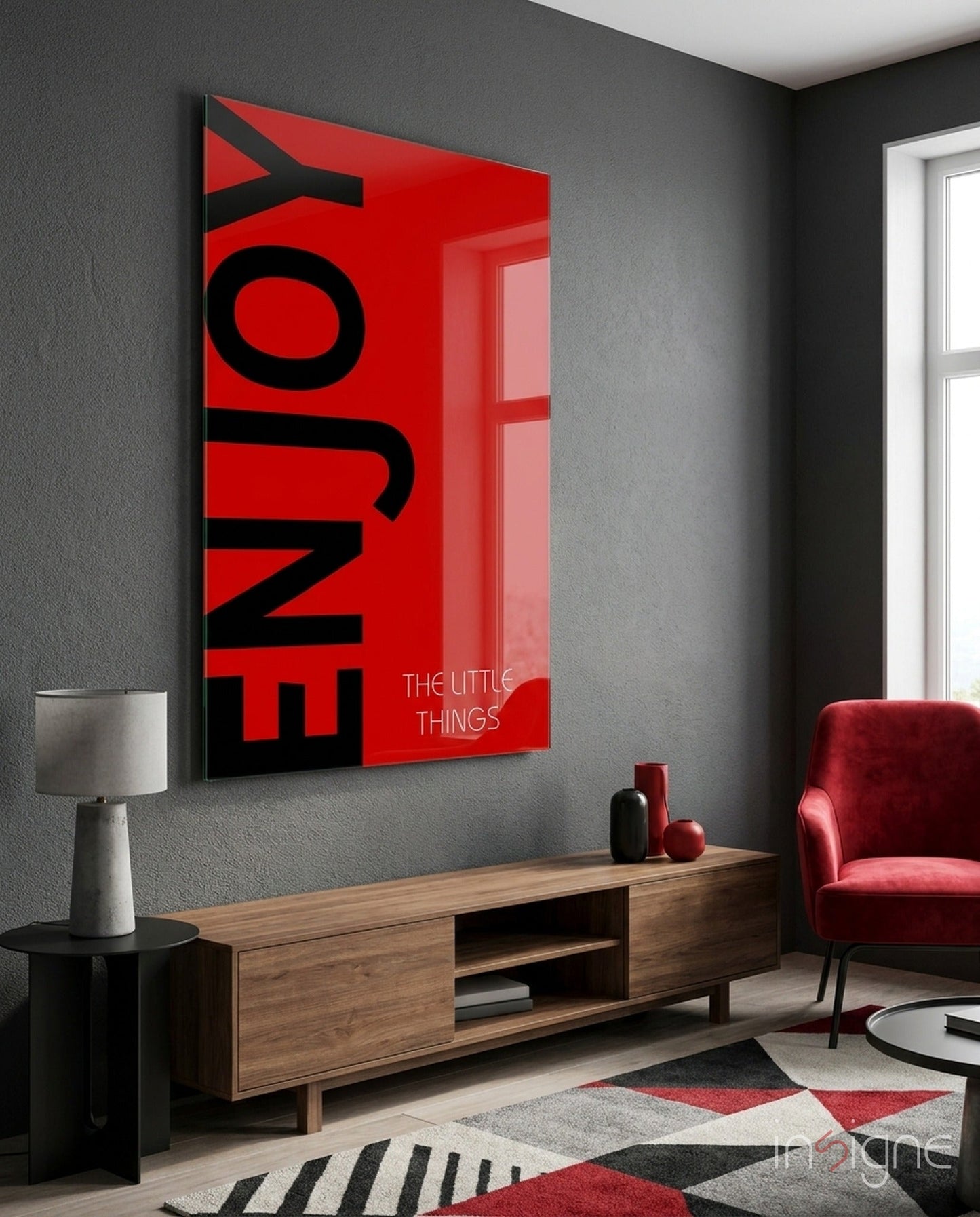 Bold Enjoy Typography On Red Glass Wall Art