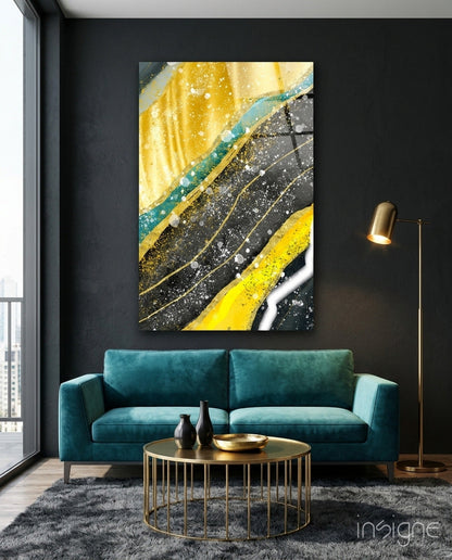 Yellow Black Diagonal Splatter Marble Glass Wall Art