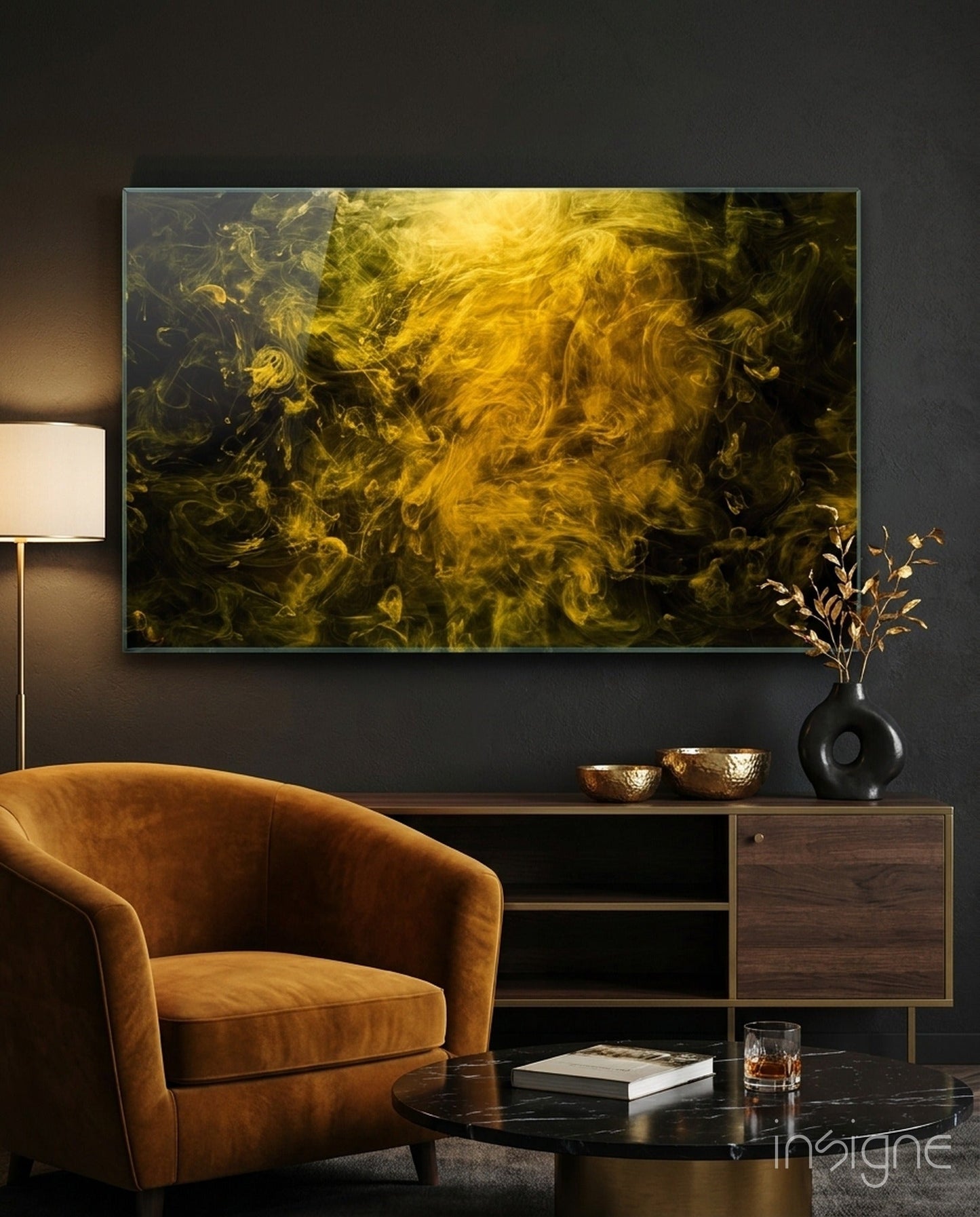 Golden Yellow Swirling Smoke Cloud Glass Wall Art