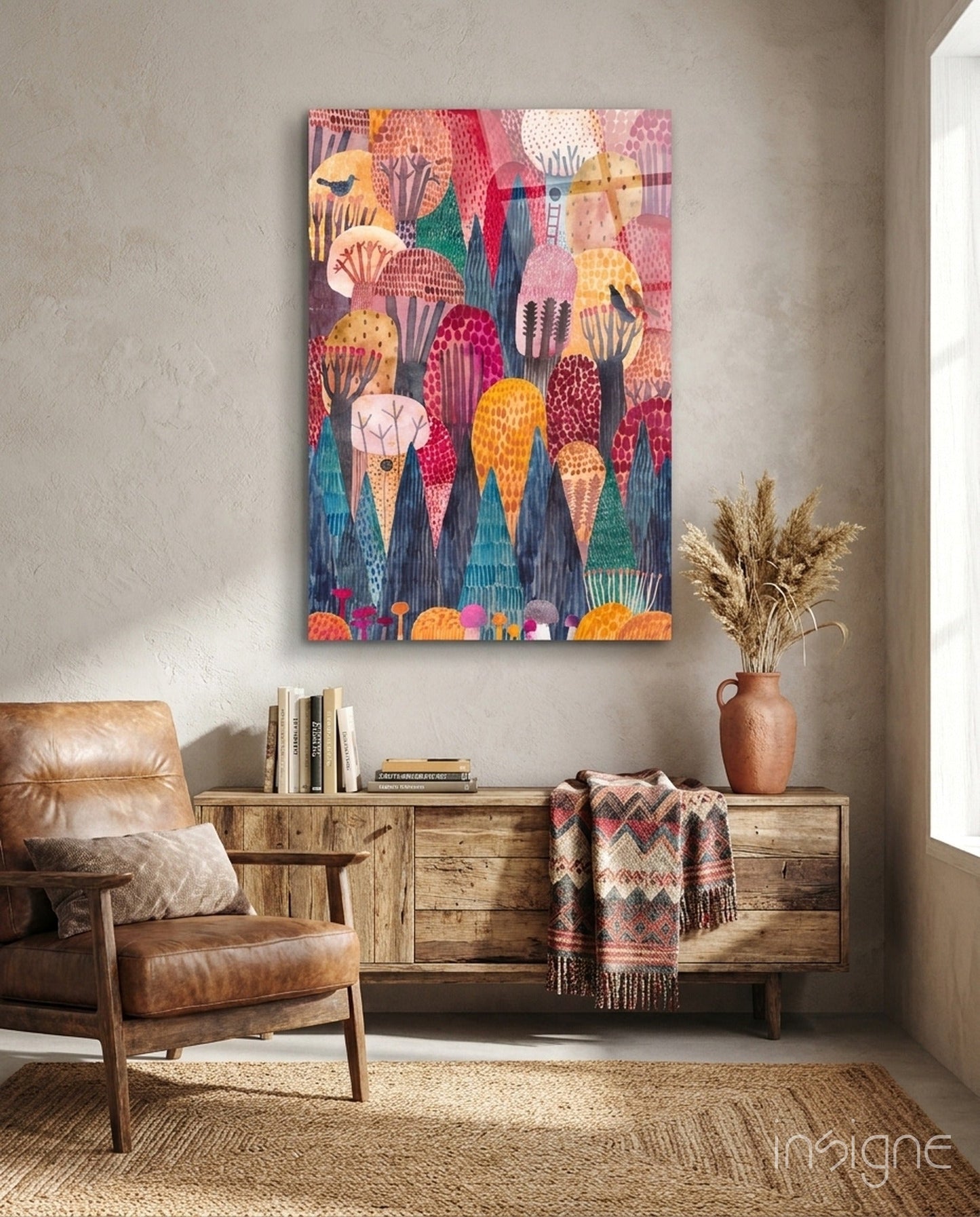 Whimsical Folk Art Pink Domed Trees Glass Wall Art