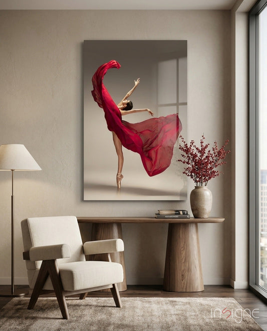 Red Gown Arabesque Ballerina glass wall art displayed above wooden console table in modern living room interior.