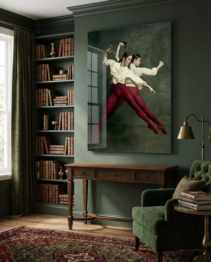 Fencing glass wall art depicting two fencers in cream shirts and burgundy pants mid-duel against dark green background, displayed in library room setting.