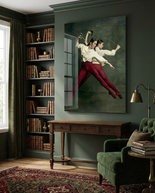 Fencing glass wall art depicting two fencers in cream shirts and burgundy pants mid-duel against dark green background, displayed in library room setting.