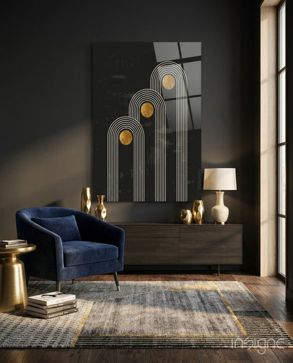 Three Dots Glass Wall Art with white linear arches and gold circular centers displayed above dark dresser in modern living room interior.